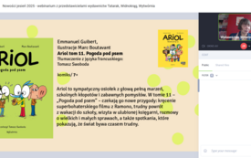 Okładka książki Ariol Pogoda pod psem. Obok opis książki i widok z kamerki na kobietę 