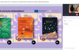 Trzy okładki książek, obok widok z kamerki na kobietę w okularach.