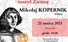 Postać Mikołaja Kopernika na tle mapy.