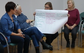 Grupa bibliotekarek prezentuje planszę.