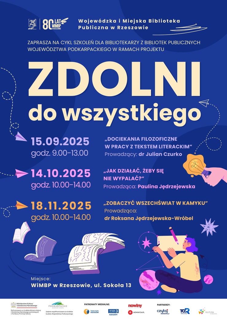 Człowiek z ołówkiem w ręku, obok książki planety i gwiazdy.