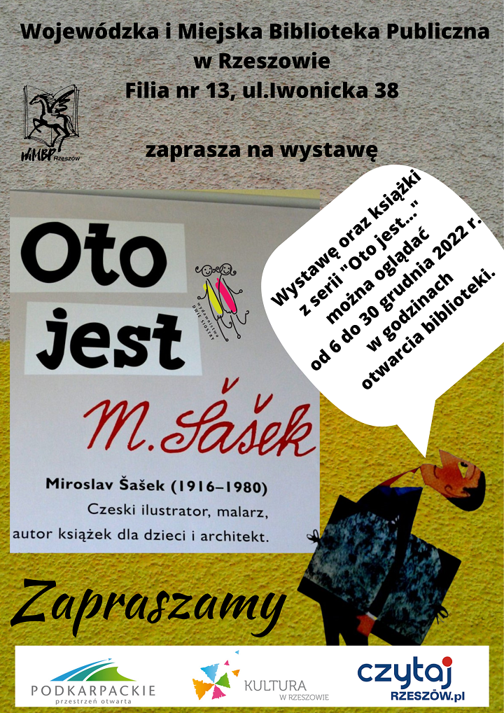 Rysunek mężczyzny z&nbsp;książką pod pachą oraz&nbsp;informacje o&nbsp;wystawie ilustracji zatytułowanej Oto jest
