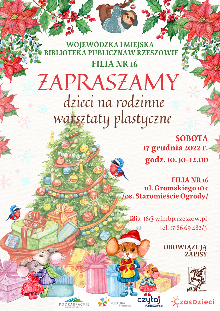 Kolorowa choinka, pod nią prezenty i&nbsp;rodzina bajkowych myszek