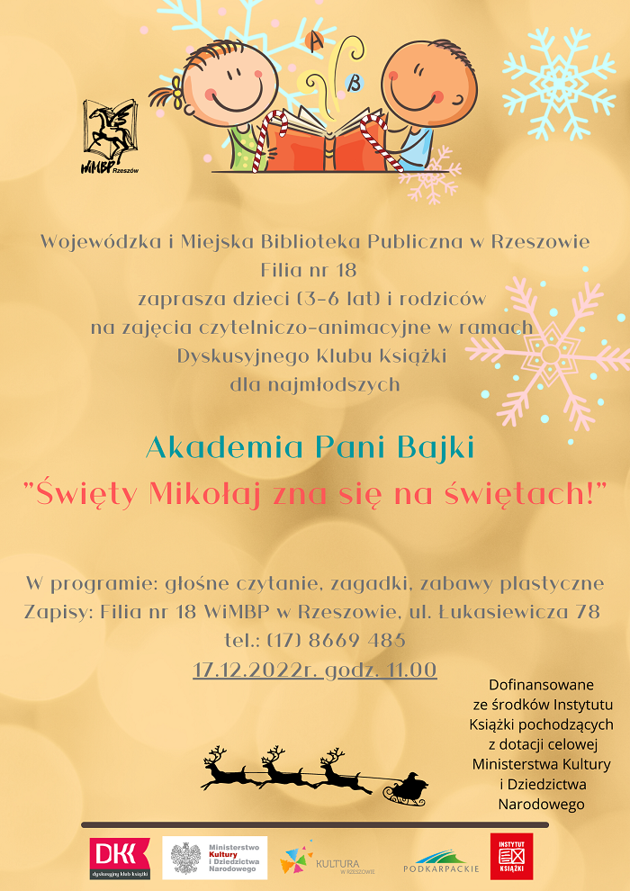 Rysunkowe postaci dzieci czytających książkę, wok&oacute;ł kolorowe śnieżynki