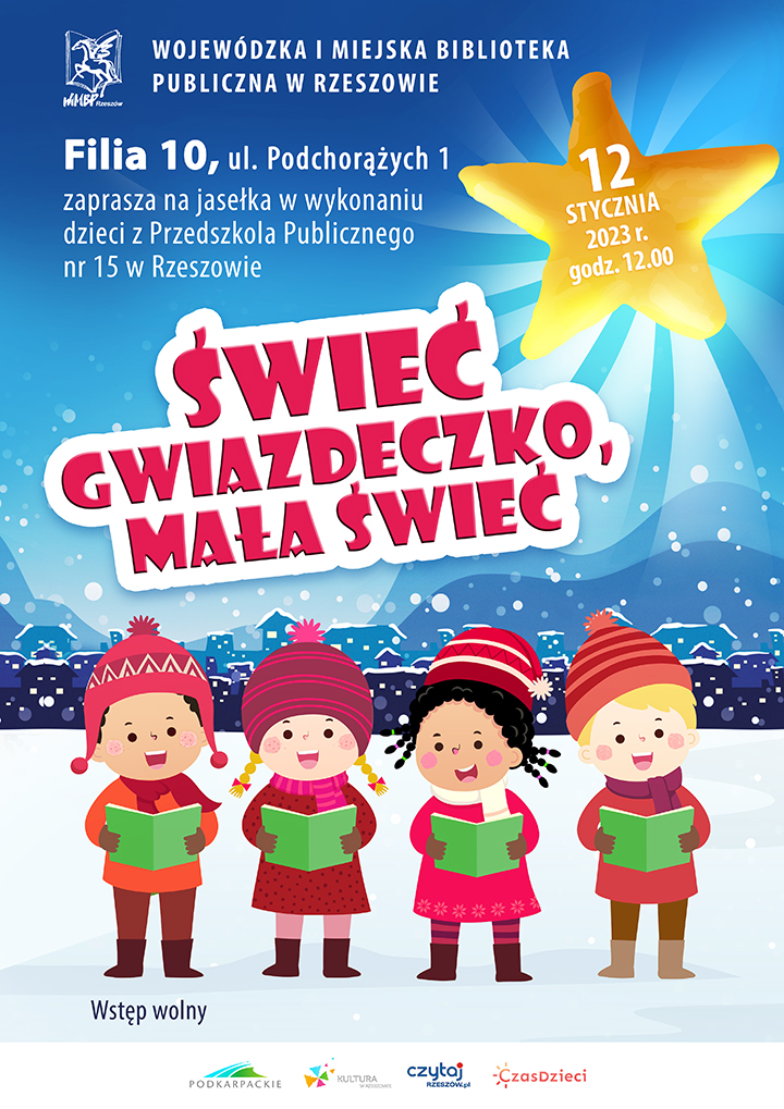 Wielka, złota gwiazda, a&nbsp;pod nią czworo dzieci w&nbsp;kolorowych strojach