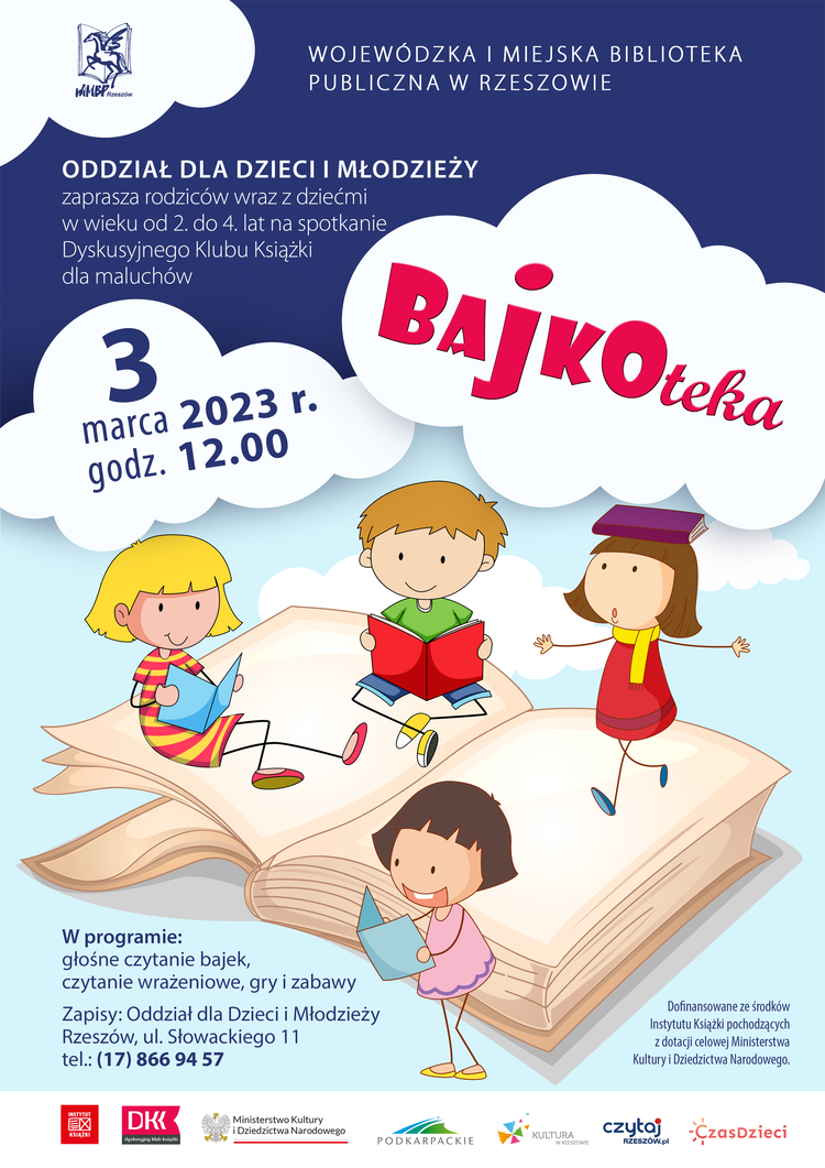 Na otwartej książce stoją cztery rysunkowe postaci dzieci