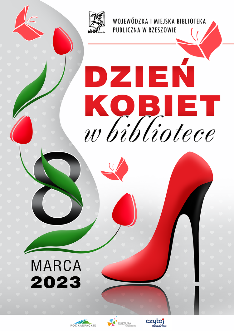 Czerwony damski but szpilka, obok czerwone tulipany i książki latające jak motyle.