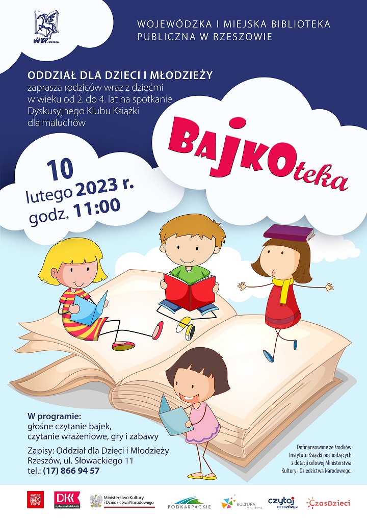 Tr&oacute;jka wesołych dzieci wyłania się z&nbsp;kartek książki. 