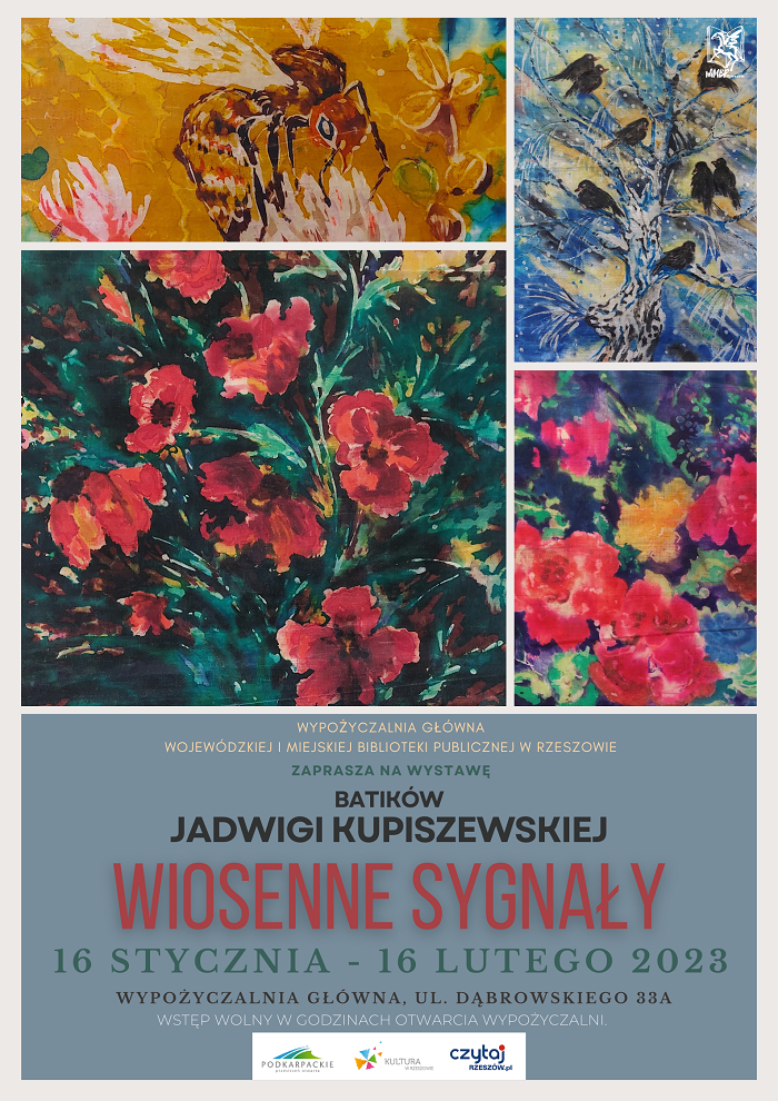 Kolaż obraz&oacute;w. Na pierwszym pszczoła na&nbsp;kwiatach. Na drugim czarne ptaki na&nbsp;niebieskim tle. Na trzecim czerwone kwiaty na&nbsp;zielonym tle. Na czwartym kolorowe kwiaty. 