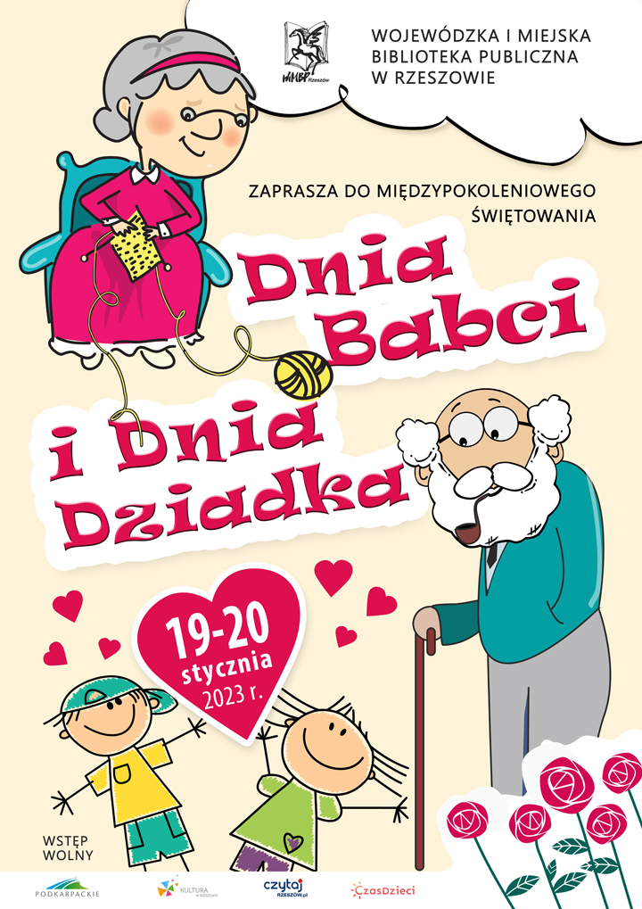 Rysunkowa postać babci siedzi w&nbsp;fotelu i&nbsp;robi na&nbsp;drutach, obok stoi rysunkowa postać dziadka z&nbsp;laską