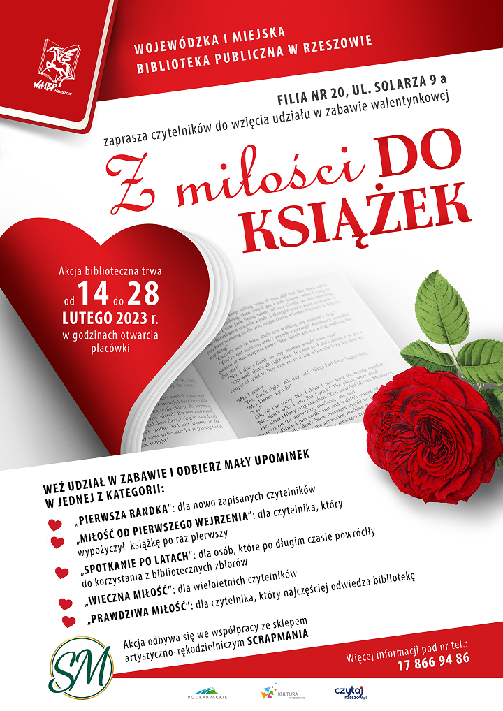 Otwarta książka, której strony zwijają się w serce, poniżej książki czerwona róża