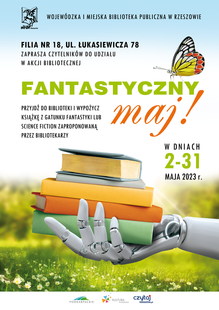 Ręka robota, na której umieszczono stos książek. Powyżej kolorowy motyl. W tle zielona łąka. 