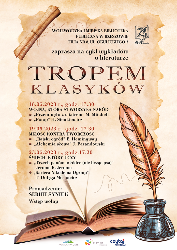 Stary papier pergamin, na nim otwarta książka i kałamarz z piórem. Powyżej zwój pergaminu.