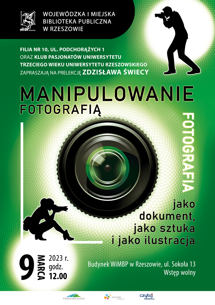 Obiektyw z migawką aparatu, obok dwie postacie kobieta i mężczyzna wykonujące zdjęcia.