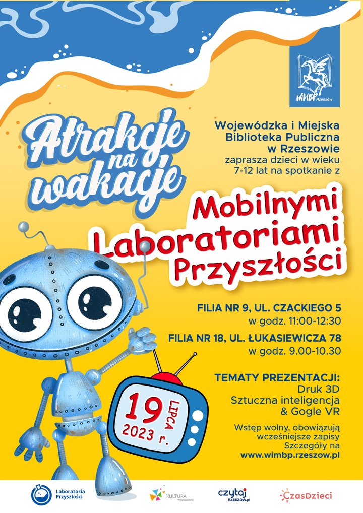 Niebieski robot trzyma w ręku telewizor, na którym wyświetla się data 19.07.2023 r.