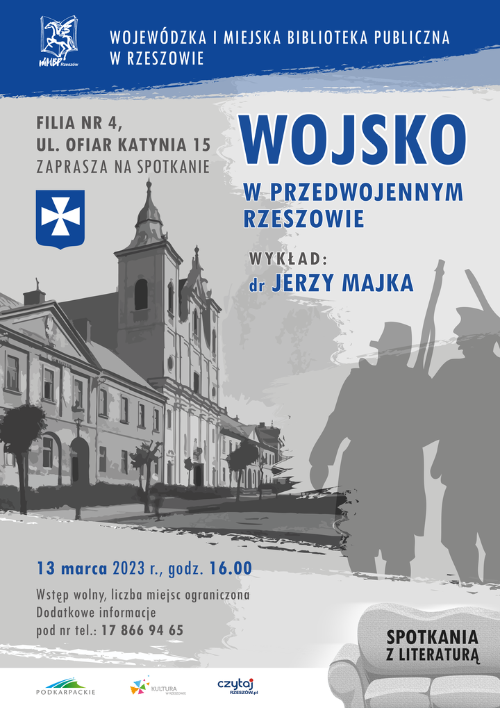 Widok kamienic i kościoła przy ul. 3 Maja w Rzeszowie. Obok cienie żołnierzy.