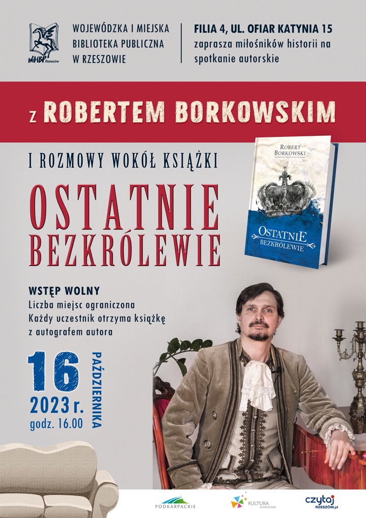 Okładka książki "Ostatnie bezkrólewie" korona na powierzchni wody, poniżej młody mężczyzna z zarostem ubrany w strój szlachecki siedzi przy stylizowanym stoliku, na którym stoi świecznik.