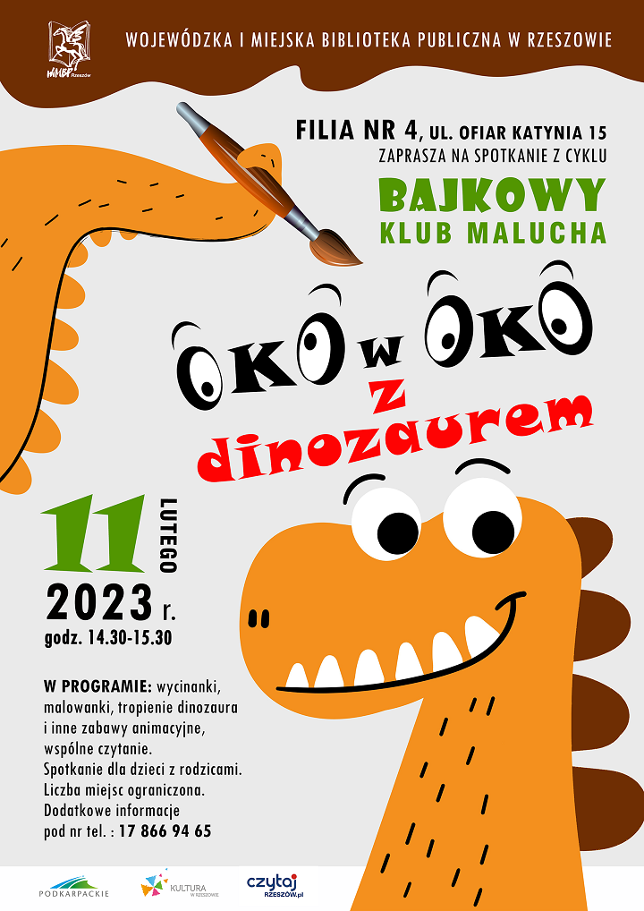 W lewym dolnym rogu dinozaur w&nbsp;kolorze pomarańczowo-brązowym, w&nbsp;ogonie trzyma pędzel. 