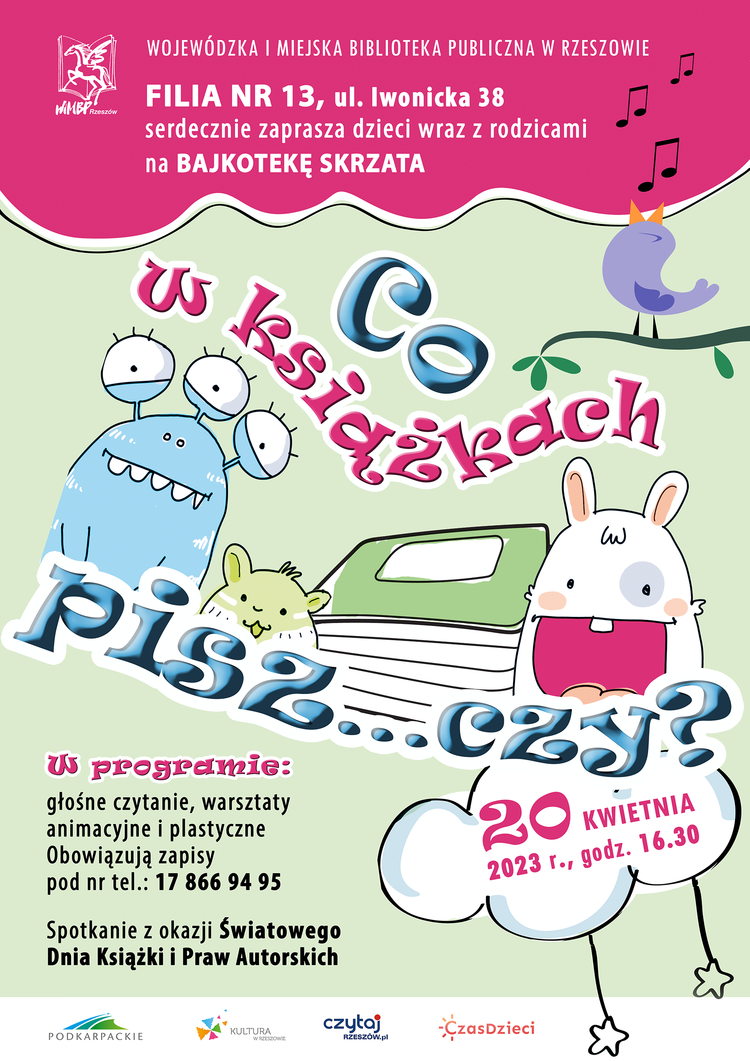 Trzy wesołe stworki stoją obok książki. Powyżej ptak siedzi na gałęzi i śpiewa. 