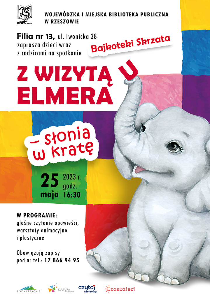 Szary słonik z uniesiona trąbą. Za słoniem tło w kolorową kratkę.  