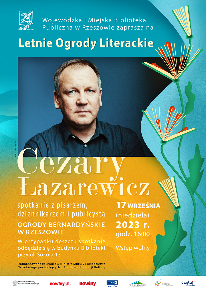 Fotografia pisarza. W tle książki w kształcie kwiatów.