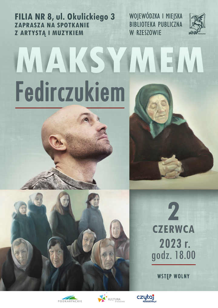 Młody mężczyzna z twarzą zwróconą w niebo. Obok obraz starej siedzącej kobiety w chustce ze splecionymi dłońmi. Poniżej obraz przedstawiający kobiety w zimowych płaszczach i chustkach na głowach. Część kobiet siedzi, pozostałe stoją. 