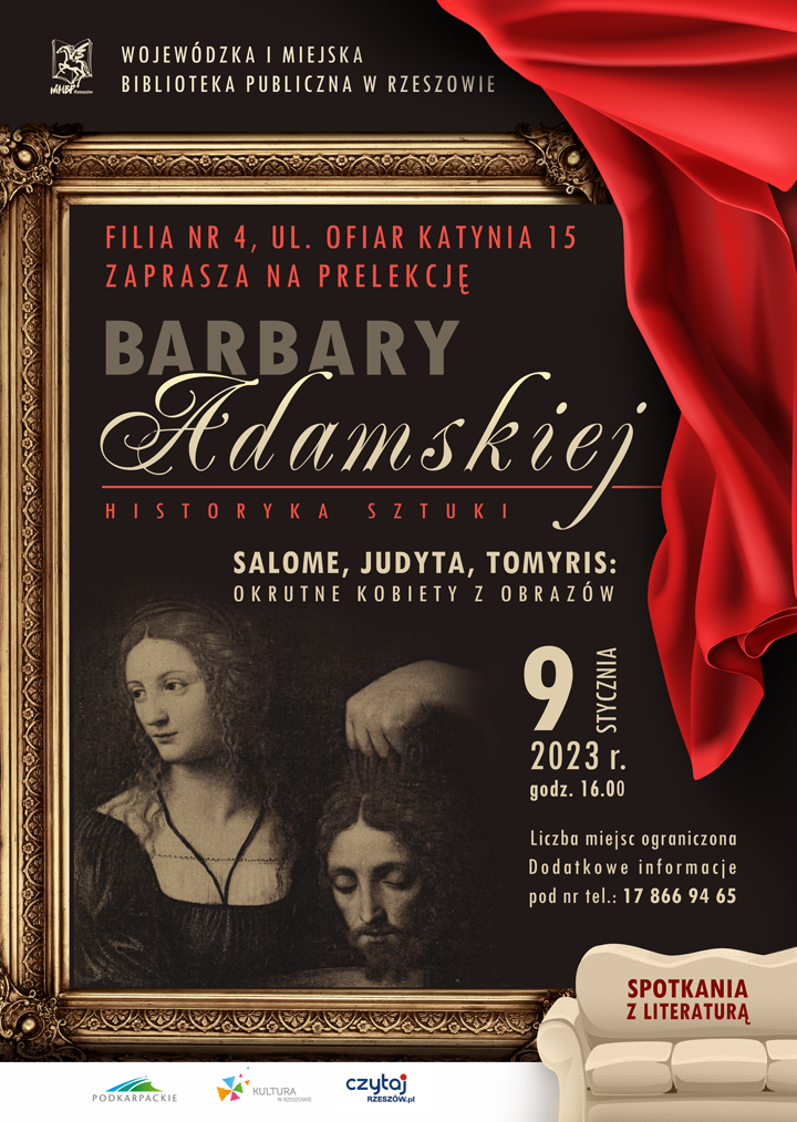 Obraz w złotej ramie, a na nim kobieta trzymająca głowę mężczyzny