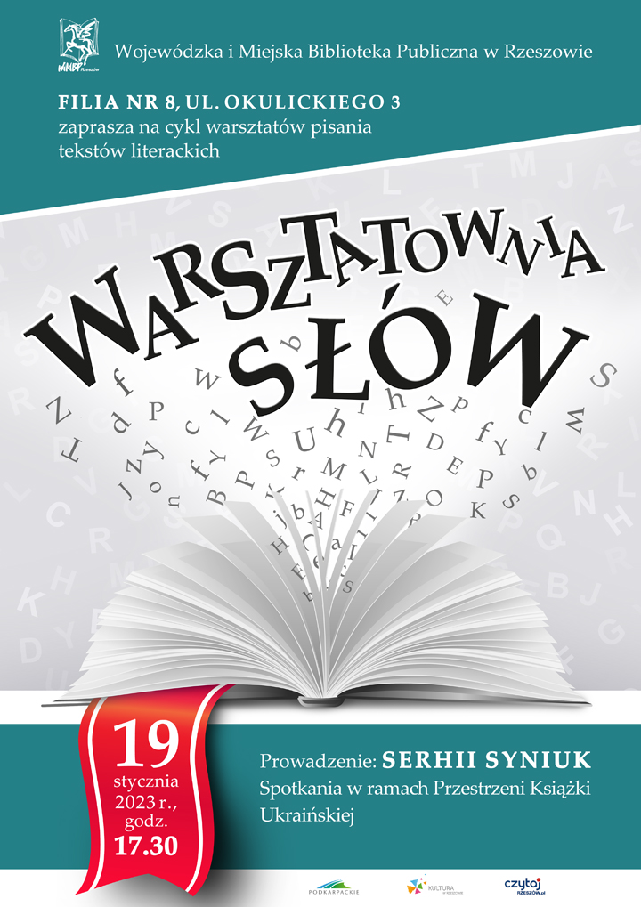 Otwarta książka z&nbsp;rozłożonymi w&nbsp;wachlarz stronami oraz&nbsp;unoszącymi się literami