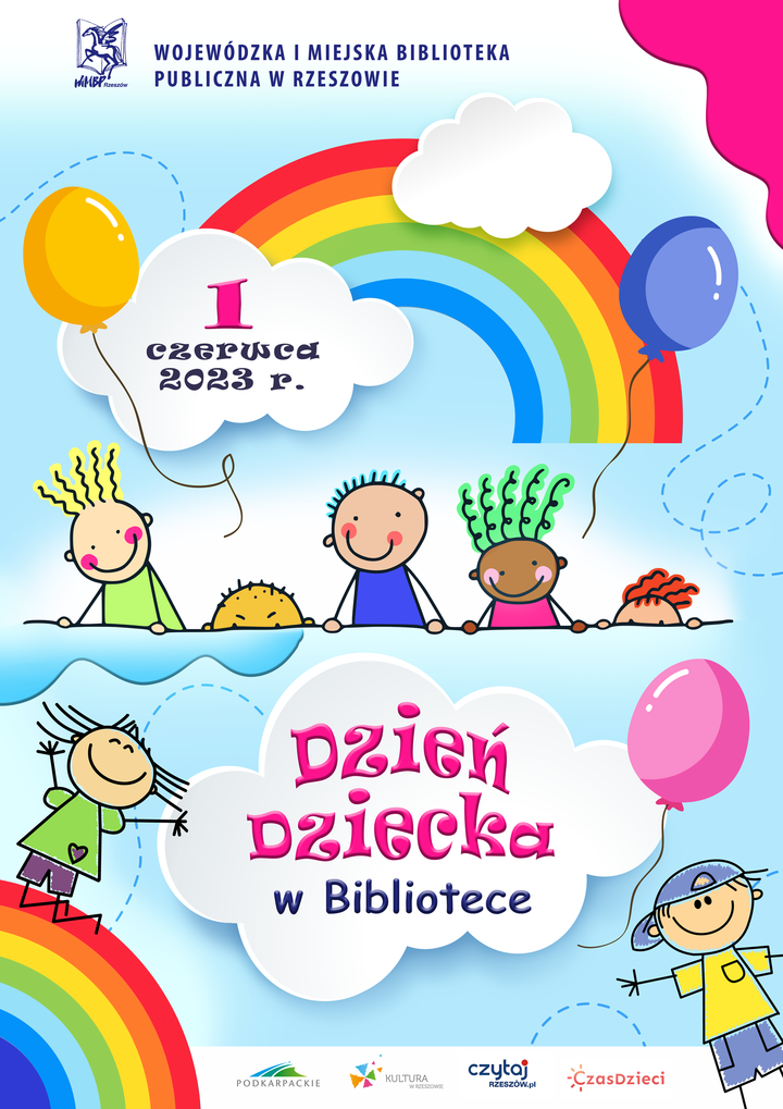 Uśmiechnięte dziecięce postacie, kolorowa tęcza, balony, chmurki