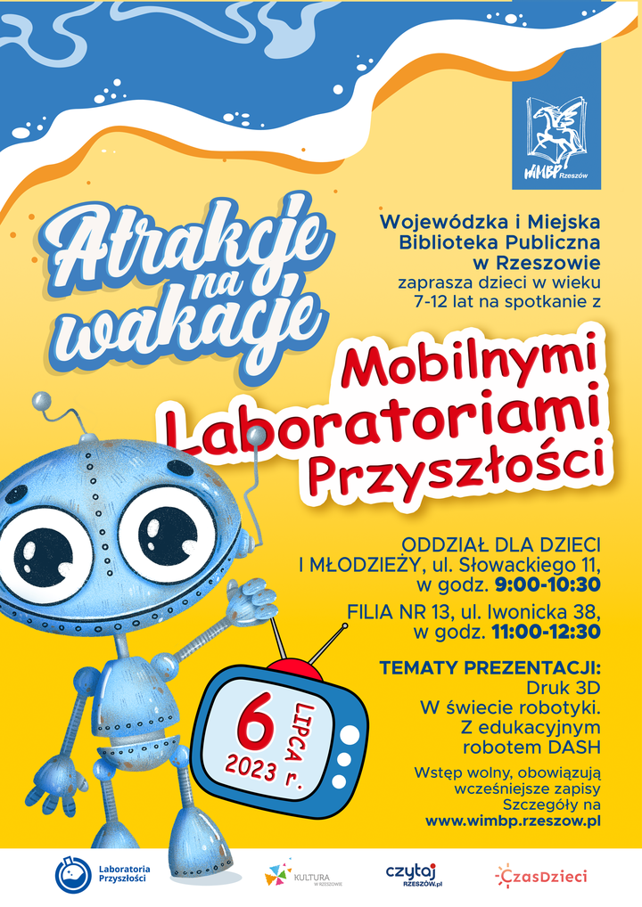 Niebieski robot trzyma w ręku telewizor, na którym wyświetla się data 6.07.2023 r.
