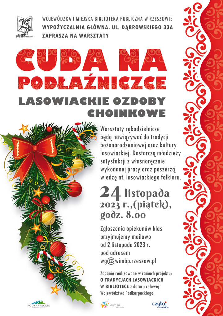 Gałązka ozdobiona wstążkami, gwiazdkami i bombkami.