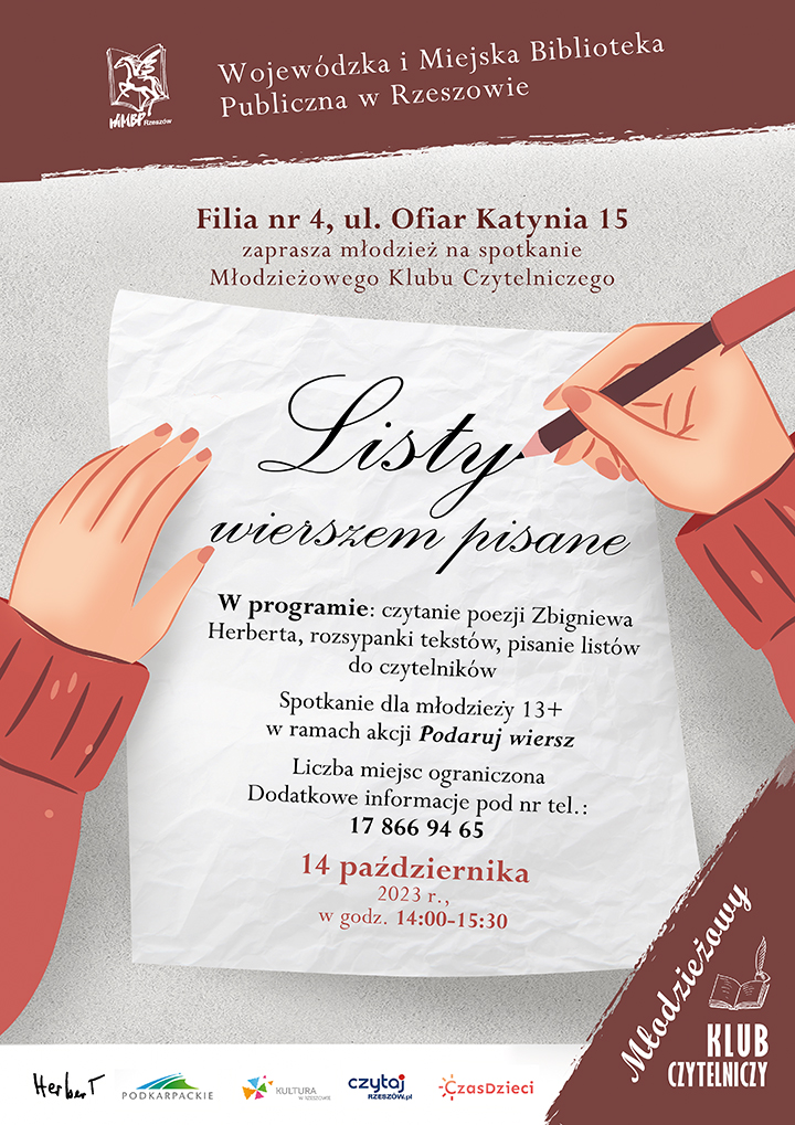 Plakat promujący wydarzenie dla młodzieży. Na grafice dłonie, pośrodku zapisana kartka i pióro.