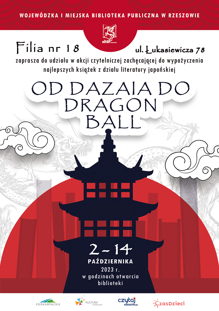Plakat promujący literaturę japońską. Smoki, książki, kłęby ognia i budowla.