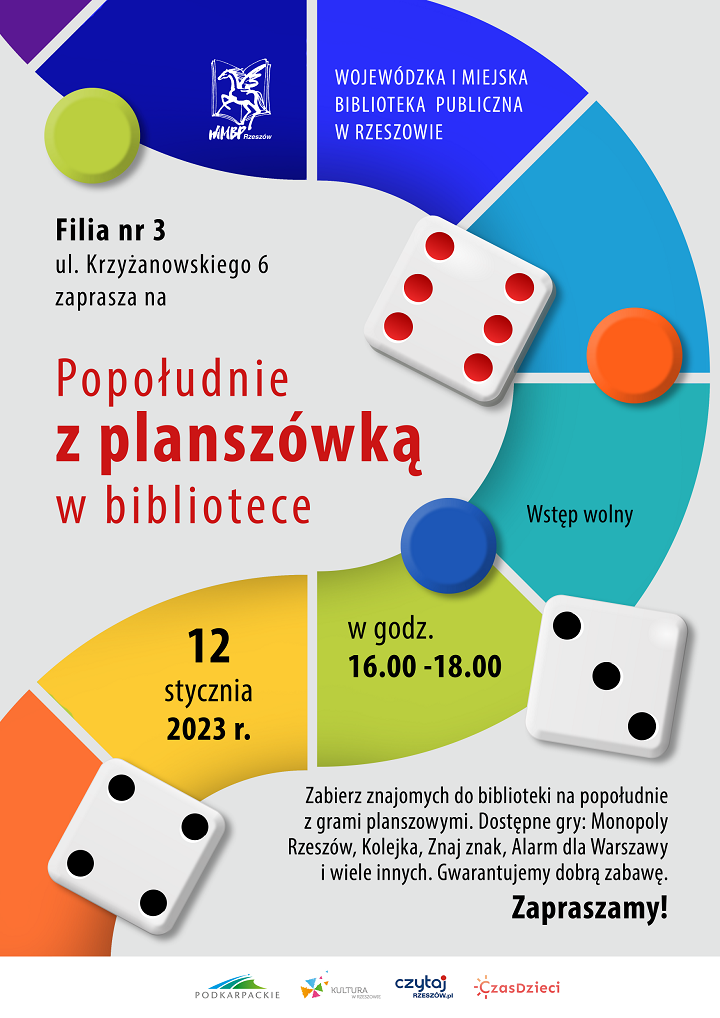 Fragment planszy do gry z&nbsp;kolorowymi polami, a&nbsp;na niej pionki oraz&nbsp;kostki. 