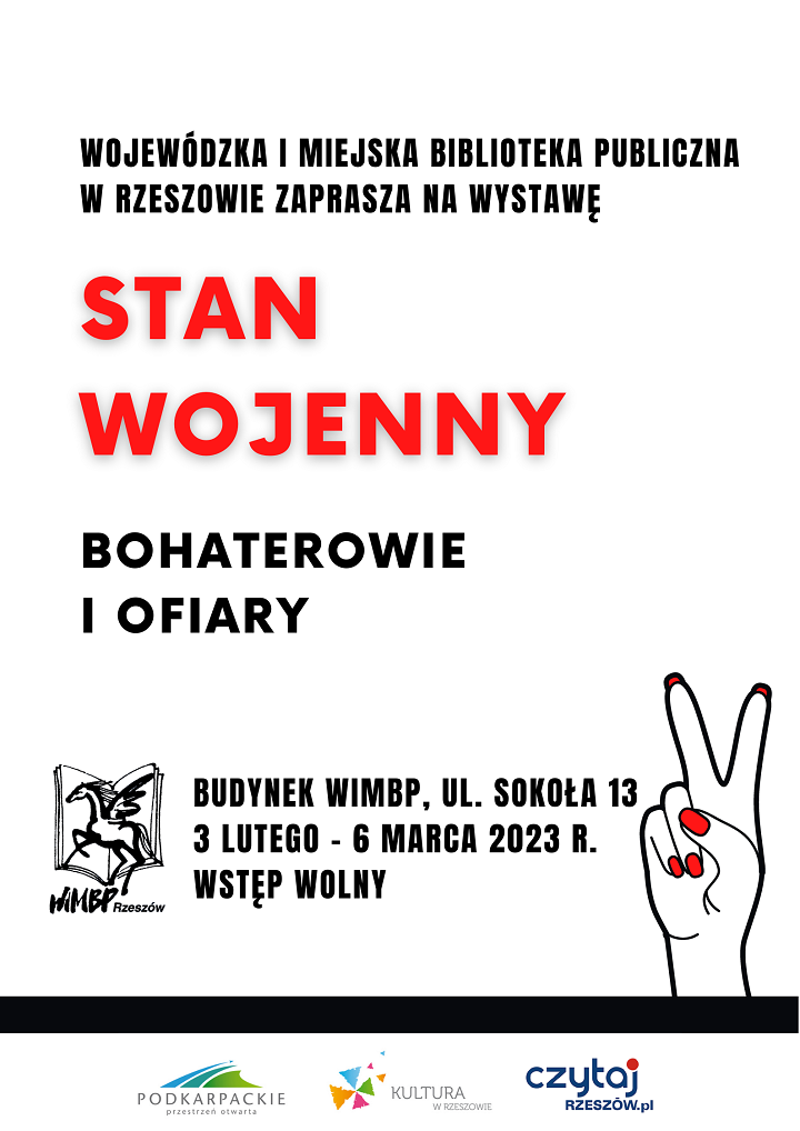 Na białym tle informacja o&nbsp;wystawie zapisana czarną i&nbsp;czerwoną czcionką