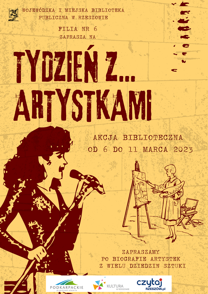 Sylwetka kobiety z mikrofonem i sylwetka kobiety z pędzlem przy sztaludze