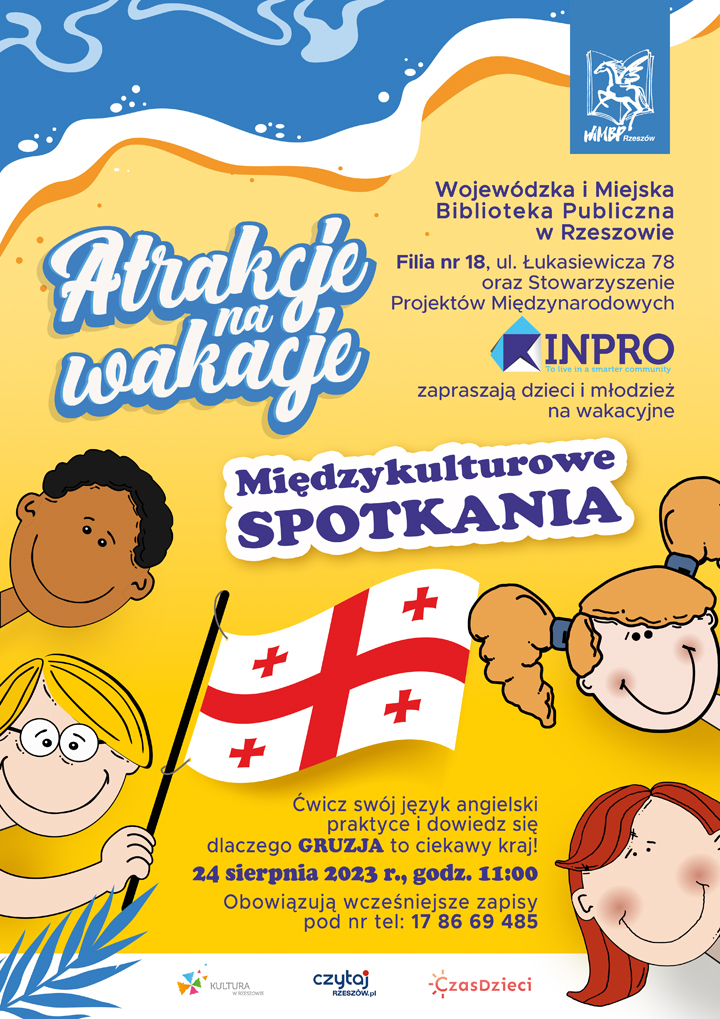 Rysunkowe postaci dzieci trzymają gruzińską flagę
