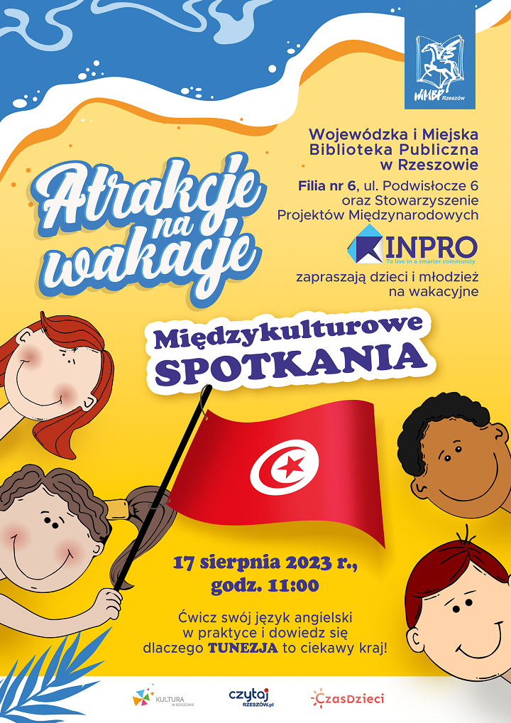 Rysunkowe postaci dzieci trzymają tunezyjską flagę