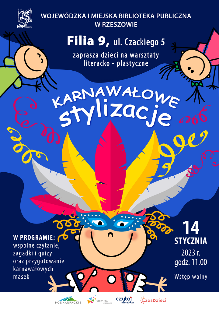 Rysunek dziecka w&nbsp;masce karnawałowej i&nbsp;kolorowym pi&oacute;ropuszu na&nbsp;głowie