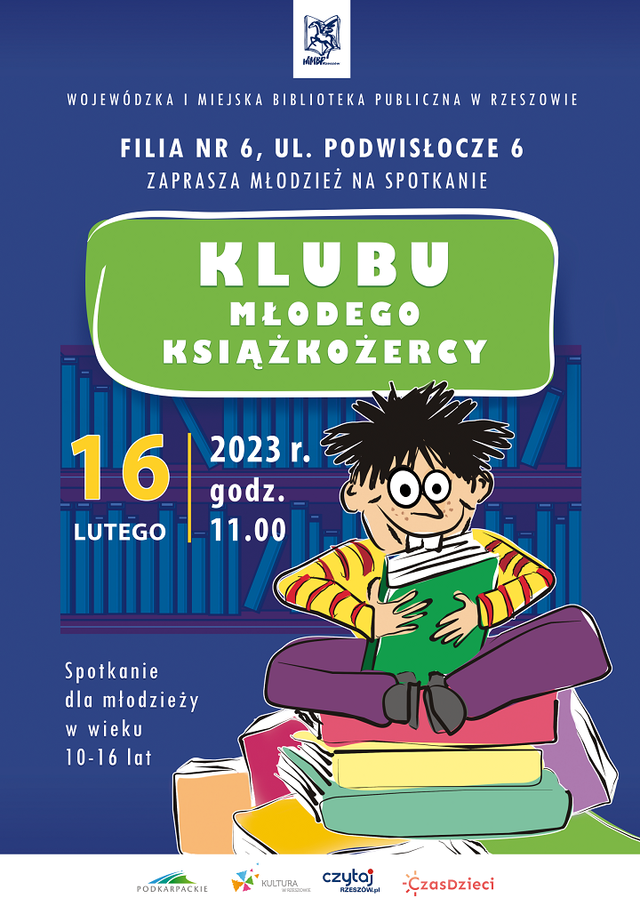 Rysunek chłopca siedzącego na stercie książek i próbującego ugryźć książkę