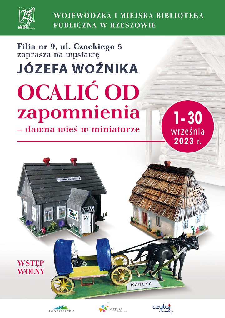 Na plakacie miniatury domów z drewna i zaprzęg konny.