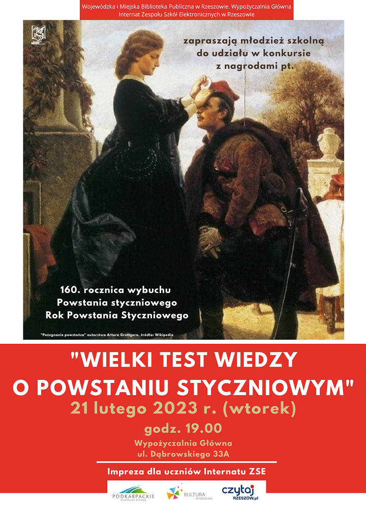 Reprodukcja obrazu Artuta Grottgera "Pożegnanie powstańca". Mężczyzna klęczy przed kobietą przypinającą mu do czapki biało-czerwoną kokardę 