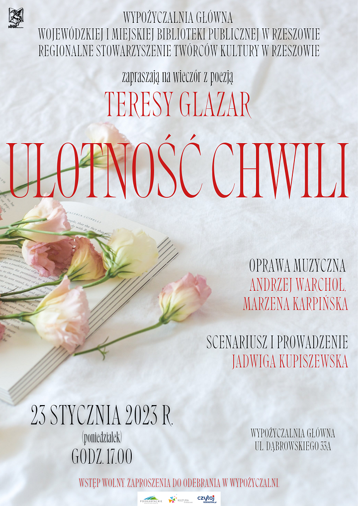 Plakat zawiera informacje o&nbsp;wydarzeniu oraz&nbsp;obraz otwartej książki, na&nbsp;kt&oacute;rej leżą r&oacute;żowe kwiaty