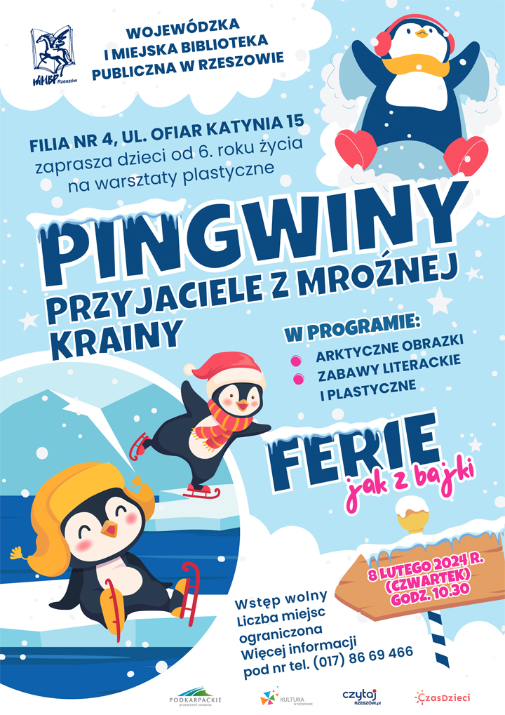 Na plakacie trzy pingwinki w zimowej scenerii.