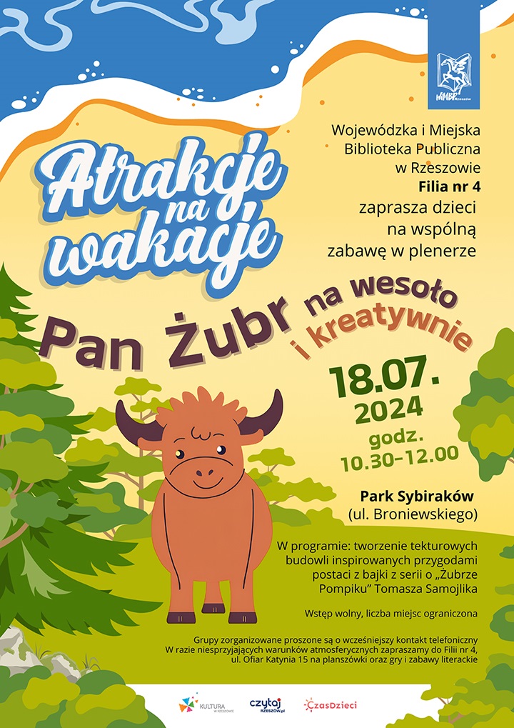 Na plakacie postać małego żubra w otoczeniu drzew i krzewów oraz zieleni. 