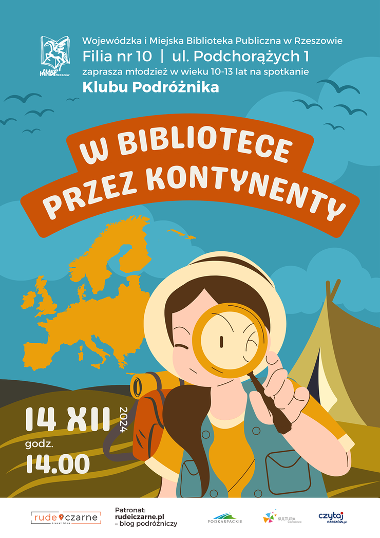 Na plakacie dziewczynka z plecakiem i lupą. W tle mapa świata.