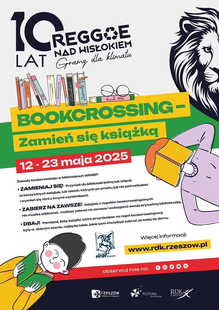 Plakat z grafiką lwa, książek, okularów, dwóch postaci. 