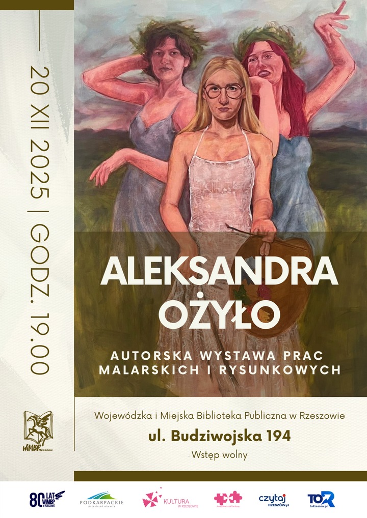 Obraz malowany farbą przedstawiający trzy kobiety. Jedna z nich trzyma w ręku paletę malarską, dwie inne maja wianki na głowie.