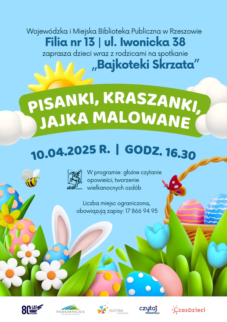 Pisanki, kwiaty i uszy królika między wystające zza trawy. Obok kosz z pisankami. 