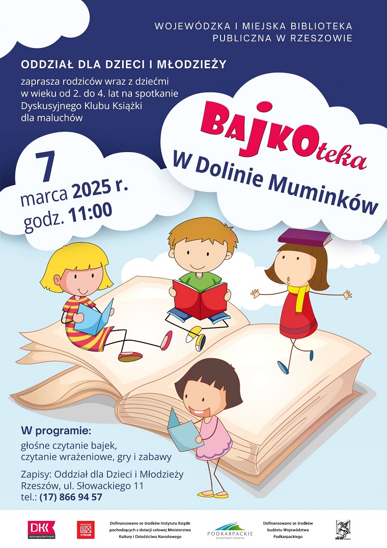 Grafika z rysunkowymi postaciami dzieci, które siedzą na otwartej książce